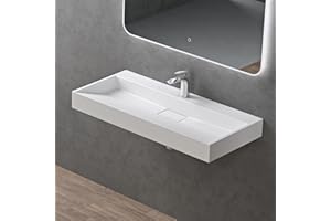 doporro Lavabo sobre encimera blanco mate de mármol fundido con válvula de desagüe 100x46x11cm Colossum19 lavabo rectangular suspendido con 1 orificio para grifo con nano revestimiento
