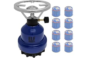 ELFMONKEY Hornillo de camping E190 | Set de cocina de gas de metal + cartuchos | estufa de gas | camping, accesorios de emergencia: modelo: azul + 8 cartuchos de gas