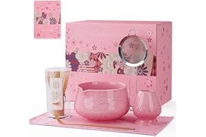 ZENS Matcha Kit Rose, 6 pièces matcha set ensemble pour préparer un latte avec Fouet Matcha et bol, cuillère, tamis 304 et tapis à thé pour matcha cérémonie du Thé, adapté aux débutants