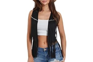 LYSINK Women's Fringe Faux Suede Vest Open Front Sleeveless Tassel Hippie Jacket Summer Vintage Cowgirl Waistcoat
