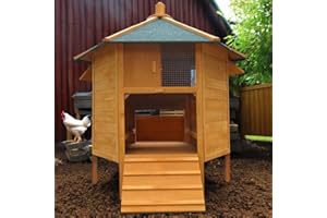 Mucola Chicken House with Nest Box, Ramp and Chicken Poles, Chicken Coop 6-Corner Gazebo 131 x 125 cm Small Animal Hutch Laying Nest Chicken Aviary for 5-8 Chickens
