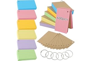 THBOXES Flash Cards,600 PCS Multicolor Index Cards Revision Cards with 6 Binder Rings, 4.9 * 2.9 Inch Kraft Paper Flashcards Lined Record Cards Study Cards for Office Home School Learning