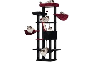 Heybly Rascador para Gatos, Árbol gótico para Gatos, Altura 173 cm, Torre de Gatos, con 17 Postes Rascadores, 2 Plataformas, 2 Cesta, 1 Cueva, 1 Hamaca, 2 Pompones, Tela de Felpa, Negro Rojo HCT025BR