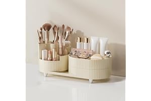 MUUKAIII Kosmetik Make up Organizer, 360° Drehbares Schminktisch Pinsel Organizer, Multifunktionale Kosmetikaufbewahrung für Kommode, Schlafzimmer, Badezimmer - Cream Weiß