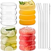 UptVin 4 Stück Gerippte Trinkgläser mit Glasstrohhalmen, 350ML Bubble Gläser, Matcha Glas mit Strohhalm, Kaffeegläser, Geripp