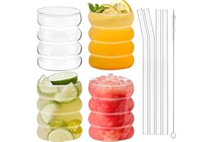 UptVin 4 Verres Rippés avec Pailles en Verre, Verres Bubble de 350ML, Verre Matcha avec Paille, Verres à Café, Verres à Glace Rippés pour Cocktails, Whisky, Thé, Soda et Café