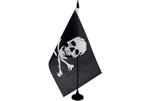 AZ FLAG - Drapeau De Table Pirate tête de mort et os 21x14 cm - Petit Drapeau Corsaire De Bureau 100% Polyester Avec Hampe De 25cm Et Socle En Plastique Noir