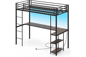 LIFEZEAL Mezzanine-säng, 90 x 200 cm med skrivbord och 3 hyllor, laddningsstation, LED-lampor, 1-sits våningssäng i metall me