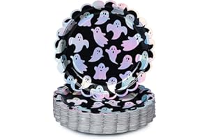 CONFETTIVILLE Halloween Paper Plates, 50-Count Disposable Halloween Dinner Plates, Scalloped, Party Supplies, Ghost Design, Iridescent Silver Foil