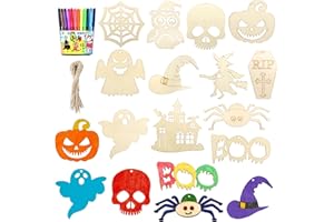 KOIROI 24 Piezas Halloween Manualidades Madera Niños, Decoraciónes de Madera de Halloween, Colgante de Madera Para Niños Para Pintar Para Halloween, Juguetes Halloween Niños, Halloween Regalos