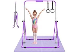 REBONIQUE Gymnastikstange Kinder mit Verstellbaren Höhen, Faltbare Reckstange Reckanlage mit Gymnastikmatte, Stangenpolster, 2 Ringen, Turnreck Indoor Outdoor, Horizontale Training Bar Trainingsgeräte