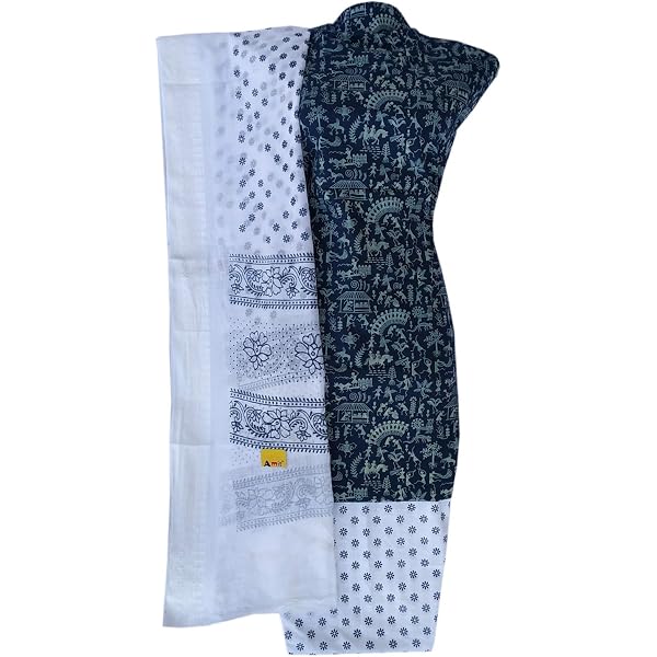 Buy ADHIN women's block Warli print cotton Dress material (Blue & white BDM1268) at