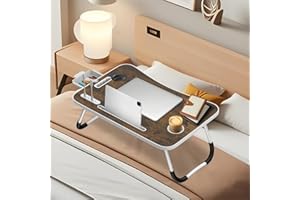 Ferghana Table de Lit Pliable avec Porte - Plateau Multifonctionnel Léger 60x40x28cm, pour Ordinateur Portable,Lit,Canapé (Emplacement pour carte + porte-gobelet + tiroir + lampe + ventilateur,Marron)