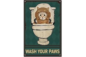 CREATCABIN Panneau en Métal Rétro en Forme Chat-Plaque Peinture Vintage-Outil Fermeture-Décoration Murale Suspendre pour Toilettes,Salle Bain,Cadeau pour Amoureux des Chats-30x20cm-Lavez Vos Pattes