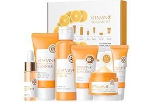 DONGCILL Kit per la Cura della Pelle Vitamina C 6 Pezzi, con Detergente, Tonico, Vitamina C Crema, Protezione Solare, Siero e Crema Occhi, Set Skincare Viso Completo Vitamina C per Ragazze e Donne