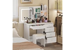‎CALDION Caldion Große Schminktisch mit Beleuchtung,Spiegel und Hocker Schminktische Frisiertisch Kosmetiktisch mit 5 Schubladen Regale, Kommode Schlafzimmer Weiß