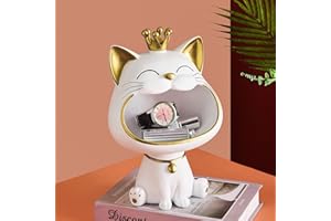 BOMKRA Key Bowl for Entryway Table, Lucky Cat Statue Candy Dish for Office Desk Art Home Decor (A - White)