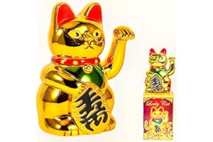 LELUKEE Chiński szczęśliwy kot machający złotymi kotami szczęście ramię małe szczęście macha Feng Shui złoty kot 15 cm machający kot do dekoracji sklepu sklepu