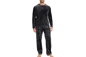 The Essentials Wardrobe Mens Fleece Pyjama Set Heavy Fleece Cosy Long Sleeve T-Shirt & Bottom Pants Sleepwear Loungewear Nightwear for Men Soft Top & Trousers Size S-XL