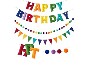 DANDUOLAI Pre-Strung Happy Birthday Banner - Felt Ball Garland - HAPPY BIRTHDAY Garland, Rainbow Birthday Decorations, Personalized Sign for Party Decor, Photo Prop (Multicolor with Ball Flags)