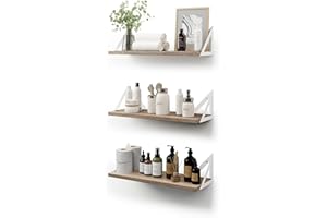 CASSA HOME DECOR CASSA TOKO Étagères murales suspendues pour Le Mur, Lot de 3, étagère bibliothèque pour Chambre à Coucher, Salon, Bureau, Salle de Bain, Cuisine, Bois Rustique avec Support métallique (Naturel Blanc)