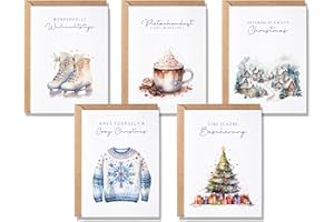 PAPERLANE BY ESSI 5 Weihnachtskarten Aquarell, 5er Set Grußkarten Weihnachten, Klappkarten mit Umschlägen, Weihnachtspost Water Color, Christmas Cards
