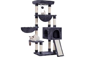 Hey-brother Cat Tree, Large Cat Tower for Indoor Cats, 135 cm Cat Activity Centre with Padded Perch, Cozy Hammocks and Scratching Pad, Dark grey EMPJ006-MG