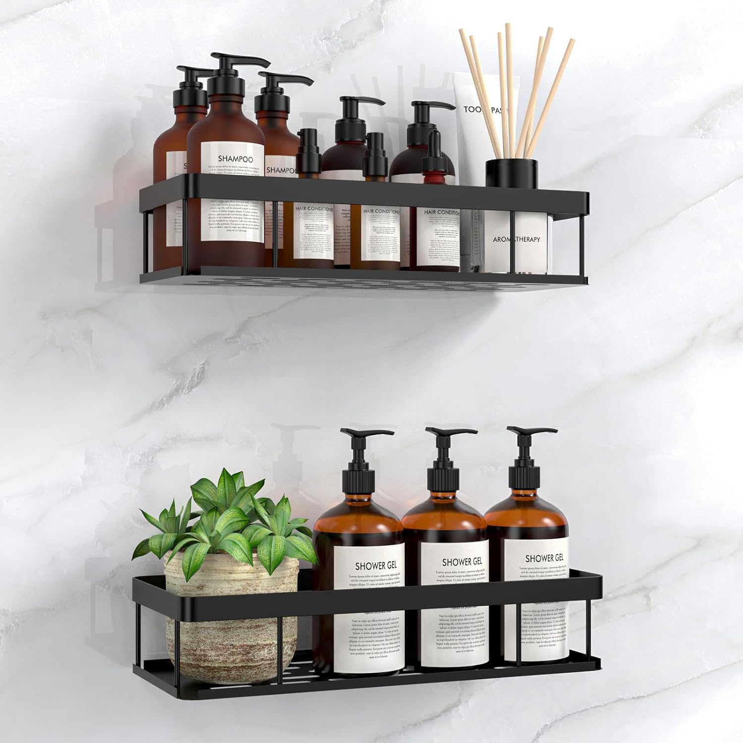 UUlioyer Estanteria Baño, Resistente al Agua y al Oxido, 2 Piezas Estanteria Ducha sin Taladro, Organizador Ducha para Champú y Gel de Baño, Negro (versión básica)