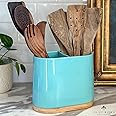 DAILY RITMO Large Kitchen Utensil Holder for Countertop with Bamboo Wooden Base | Minimalistic Aqua Teal Blue Green Ceramic Tool Crock | Cylindrical Oval Shape | Narrow Spatula Organizer