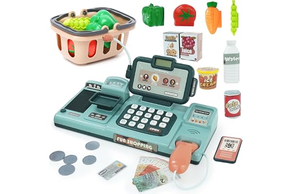 Caisse Enregistreuse Enfants, Cuisine Caisse enregistreuse Jouet avec Calculatrice, Scanner, Nourriture, Son, Cadeau de Carte de Crédit, pour Enfants à partir de 3 4 5Ans, Vert