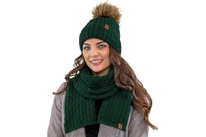 Vivisence Stylish Women's Winter Set Hat with Pompom and Warm Fleece Lining Paired with Classic Matching Scarf Made from Soft and Warm Fabric Perfect for Cold Weather, Green,UNI