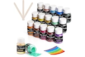 DEWEL Poudre de Mica 15 Couleurs × 10g, Colorant Resine Epoxy, Pigment Résine Époxy, Flacon Délicat Avec Trois Bâtonnets Mélangeurs, pour La Résine Epoxy, Du Savon, Bougie, Le Fard à paupières