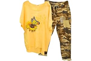 CHNNAMZU Ensemble Lin Femme été 2 Pièces Ensemble De VêTements Fluide Col Rond Imprimé T-Shirt Manches 3/4 + Pantalon Large Taille Haute D'IntéRieur Jogging Chic Grande Taille Casual Tenue De Sport