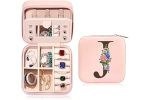 Tarklanda Boîte à Bijoux avec Initiales J Petit Boite a Bijoux Portable Boîte à Bijoux de Voyage avec Miroir Cuir PU Boite Rangement Bijoux pour Femmes Cadeau Personnalisé pour Noël Anniversaire