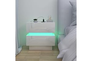 RCYNVIEW Comodini Camera da letto con Stazione di Ricarica e LED, Comodino Bianco lucido, Comodino in Legno, con 2 Cassetti e illuminazione in 16 Colori, Adatto per Camera da letto, Soggiorno, 45x35x46cm