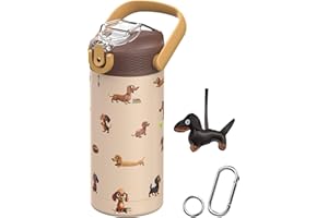 MYFOREST 400 ml isolierte Kinder-Wasserflasche, chirurgischer Stahl, hochauflösendes Originalmuster, spülmaschinenfest, Namensschild, Karabiner (Braune Dackel)