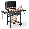 COSTWAY Charcoal BBQ Grill, Portable Smoker Barbecue Griller with Hooks, Wheels, Foldable Side Tables & Thermometer, Outdoor Garden Picnic Adjustable Barbecue Trolley (with 2 Side Table, 128x54x117cm)