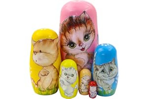 BOERNI Set of 6 Cat Nesting Dolls,Cute Colorful Kitten Butterfly Flower Animal Wooden Handmade Traditional Russian Doll Matryoshka Doll Stacking Toy Ornament Gift for Kids Birthday Christmas Party Décor