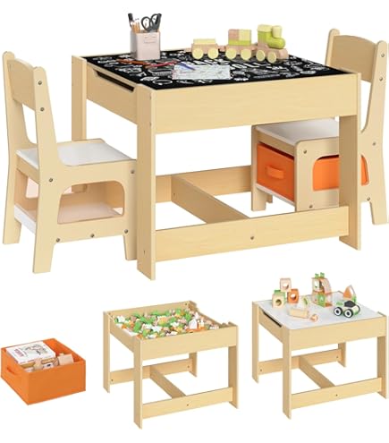 Table Et Chaise Enfant LALAHO Avec Rangement - Bureau Amovible, Dessin, Repas, Panneaux Mélamine, Naturel