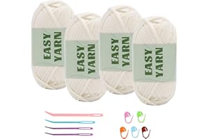 RIDDUR Fil à Tricoter et à Crocheter Blanc Laiteux, Mailles Bien Visibles - Gros Fil épais et Mélangé en Coton Et Nylon - Pour Crochet Avec Accessoires de Crochet (4 X 50 g/320m)