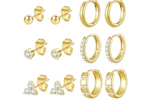 BMMYE 6 Pairs Small Gold/Silver Stud Earrings for Women 14K Gold Stud Earrings Set for Multiple Piercing Cartilage Sleeper Tiny Mini Gold Huggie Hoop Earrings 925 Sterling Silver Stud Earrings