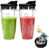 2 Pieces Replacement for Ninja Blender, 24 oz Blender Cups with Removable Lids and 7 Extractor Blades, Replacement Cup for Ni