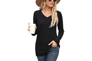 PrinStory Sweat-shirt à col en V pour femme - Couleur unie - Manches longues - Tunique décontractée - Pull doux