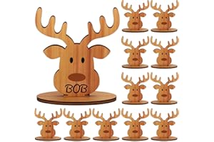 Gulfmew 12 Pcs Christmas Cute Reindeer Place Name Settings 3D Freestanding Wooden Table Place Card 3.78'' x 3.23'' Rustic Seat Card Xmas Name Table Decoration with Marker for Christmas Party Decor