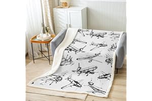 MANFEI Airplane Kids Throw Blanket,American Aircraft Retro Bed Blanket for Girls Boys Adults,Air Vehicles Airplane Fleece Blanket,Black White Chic Fuzzy Blanket,Baby Size (30 x 39 Inches)