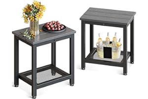Coleshome Table d'Appoint d'Extérieur avec Rangement, Lot de 2, Petite Table d'Appoint à Deux Niveaux avec Plateau Imperméable Résistant aux Intempéries pour Le Jardin, La Terrasse, Gris