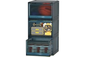 HAIXIN Contenitori Plastica con Coperchio, 39.6L Scatole per Armadio, Contenitori per Armadio salvaspazio, impilabile con coperchio/cassetto, Blu Traslucido 3 pezzo