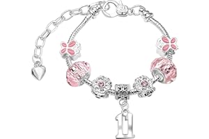 CHARM BUDDY Girls Sparkly Pink Butterfly Crystal Silver Plated Adjustable Birthday Charm Bracelet with Gift Box Birthday Gifts for Girls 3rd 4th 5th 6th 7th 8th 9th 10th 11th 12th 13th Age Birthday Jewellery for Girls Kids Jewelry