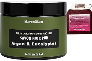 Savon Noir Gommage 250g +Gant de gommage kessa OFFERT à Huile d'ARGAN bio - huile d'Eucalyptus, exfoliant 100% Naturel - Hammam Marocain - Purifiant - MAROC GLAM