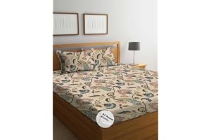 DECOMIZER 300 TC Cotton Feel Glace Cotton Elastic Fitted Printed King Size Double Bed Bedsheet with 2 Pillow Coverm Fits Upto